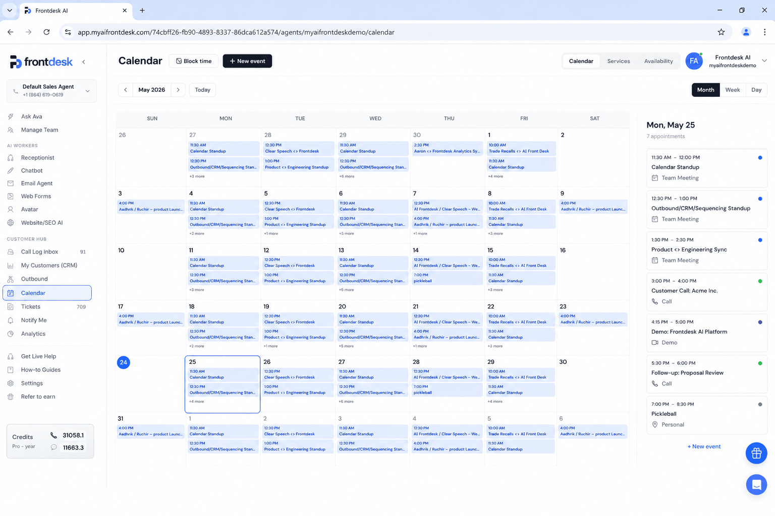 Frontdesk AI Calendar with team standups, sequencing standups, and customer calls scheduled across the week