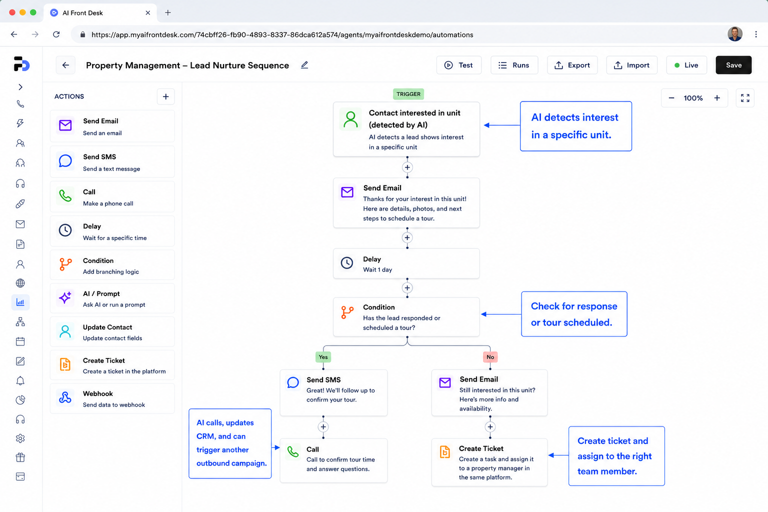 Frontdesk Outbound Call Sequence visual workflow builder
